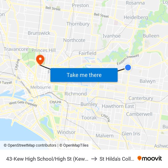 43-Kew High School/High St (Kew East) to St Hilda's College map