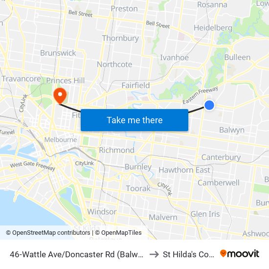 46-Wattle Ave/Doncaster Rd (Balwyn North) to St Hilda's College map