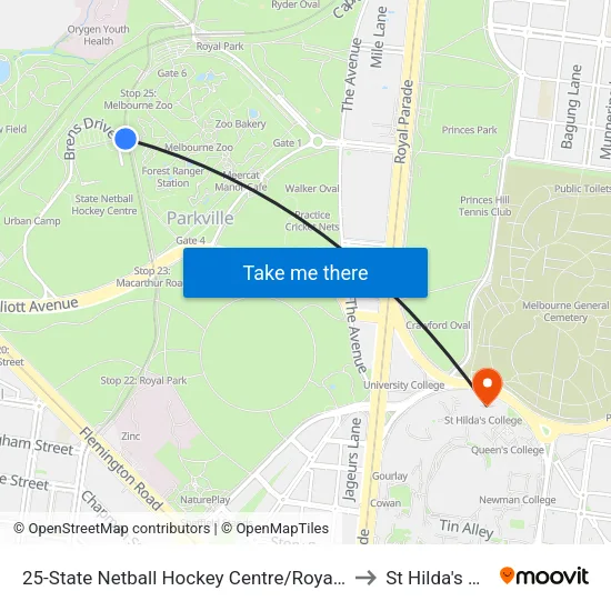 State Netball Hockey Centre/Royal Park #25 to St Hilda's College map