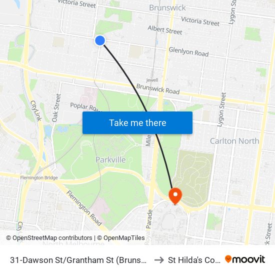 31-Dawson St/Grantham St (Brunswick West) to St Hilda's College map