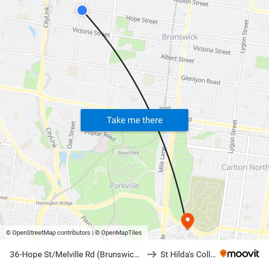 36-Hope St/Melville Rd (Brunswick West) to St Hilda's College map