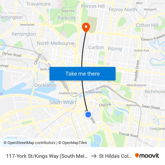 117-York St/Kings Way (South Melbourne) to St Hilda's College map