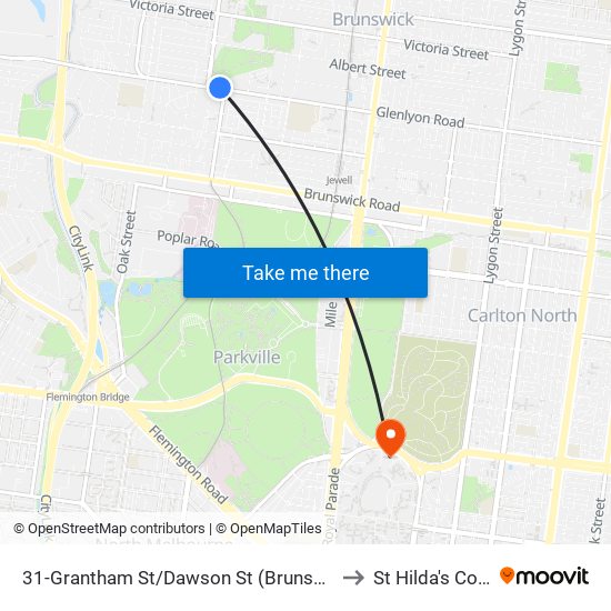 31-Grantham St/Dawson St (Brunswick West) to St Hilda's College map