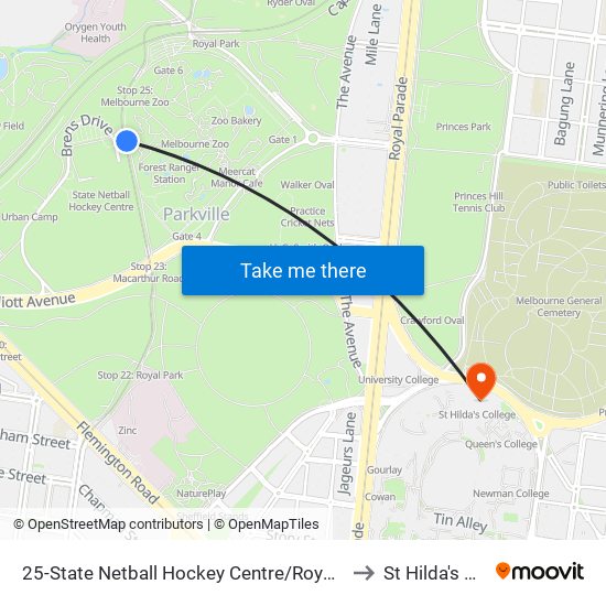 25-State Netball Hockey Centre/Royal Park (Parkville) to St Hilda's College map