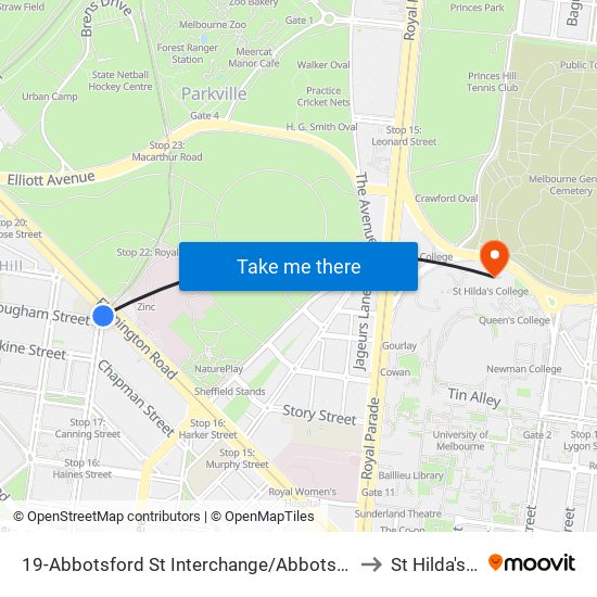 19-Abbotsford St Interchange/Abbotsford St (North Melbourne) to St Hilda's College map