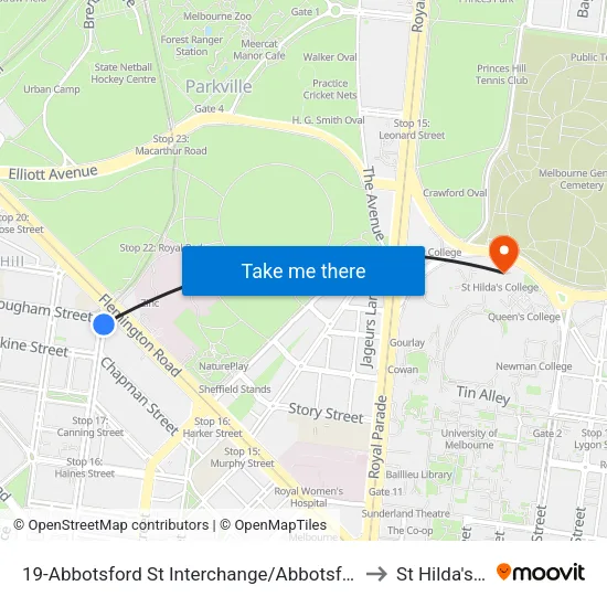 Abbotsford St Interchange/Abbotsford St #19 to St Hilda's College map