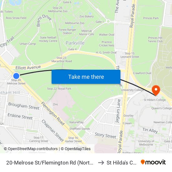 20-Melrose St/Flemington Rd (North Melbourne) to St Hilda's College map