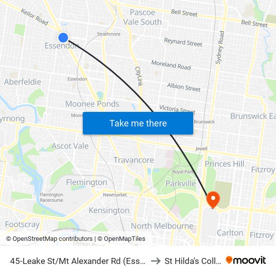 45-Leake St/Mt Alexander Rd (Essendon) to St Hilda's College map