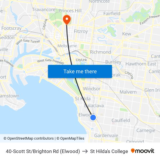 40-Scott St/Brighton Rd (Elwood) to St Hilda's College map