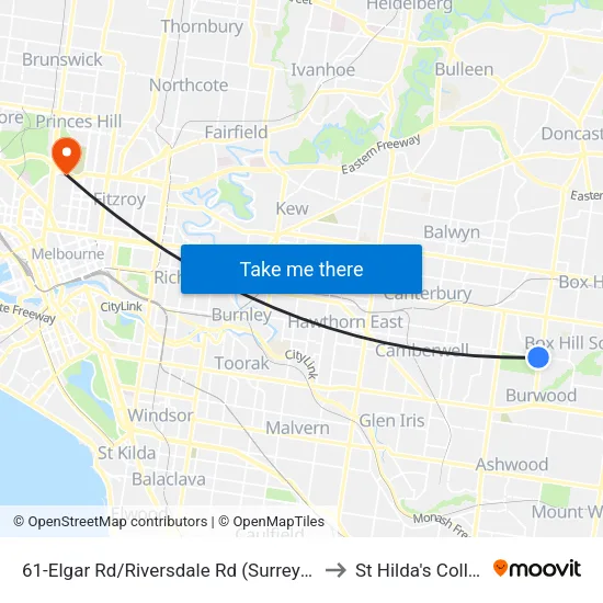 Elgar Rd/Riversdale Rd #61 to St Hilda's College map