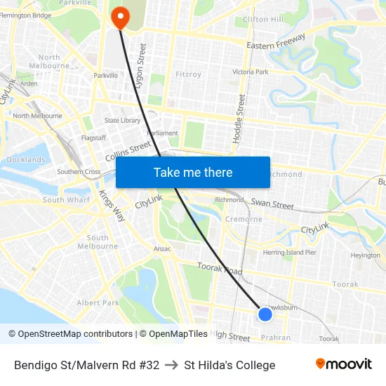 Bendigo St/Malvern Rd #32 to St Hilda's College map