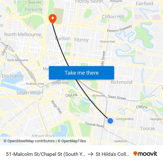 51-Malcolm St/Chapel St (South Yarra) to St Hilda's College map