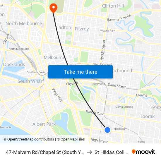 47-Malvern Rd/Chapel St (South Yarra) to St Hilda's College map