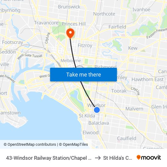 43-Windsor Railway Station/Chapel St (Prahran) to St Hilda's College map