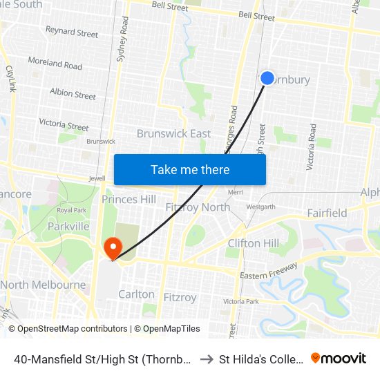 40-Mansfield St/High St (Thornbury) to St Hilda's College map