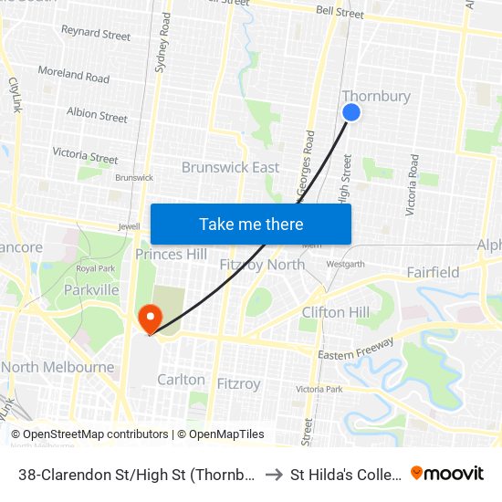 38-Clarendon St/High St (Thornbury) to St Hilda's College map