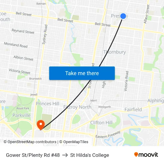Gower St/Plenty Rd #48 to St Hilda's College map