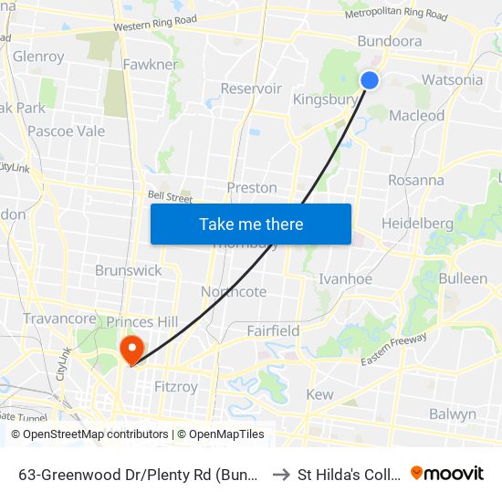 63-Greenwood Dr/Plenty Rd (Bundoora) to St Hilda's College map