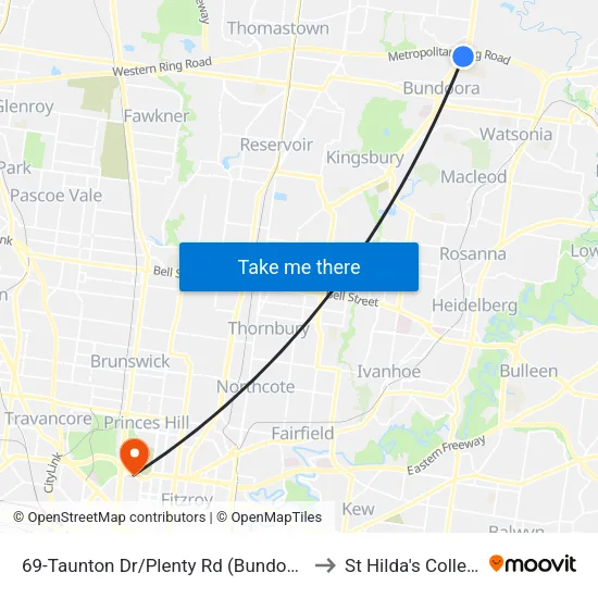 Taunton Dr/Plenty Rd #69 to St Hilda's College map