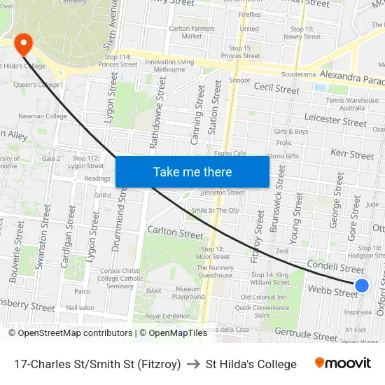 Charles St/Smith St #17 to St Hilda's College map