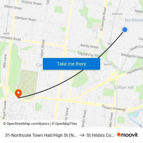 Northcote Town Hall/High St #31 to St Hilda's College map