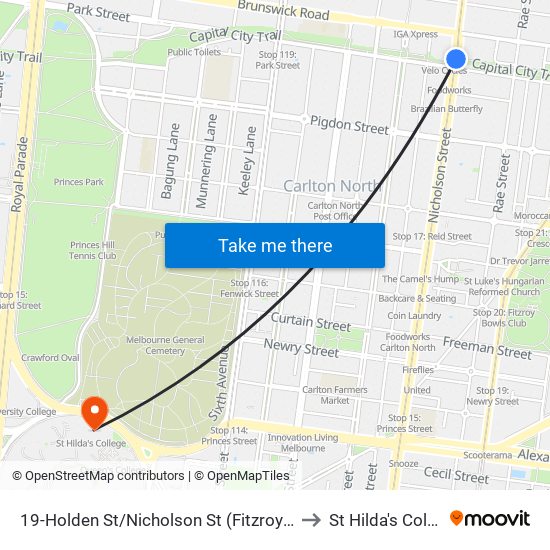 19-Holden St/Nicholson St (Fitzroy North) to St Hilda's College map