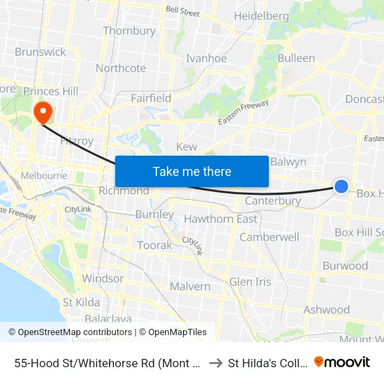 Hood St/Whitehorse Rd #55 to St Hilda's College map
