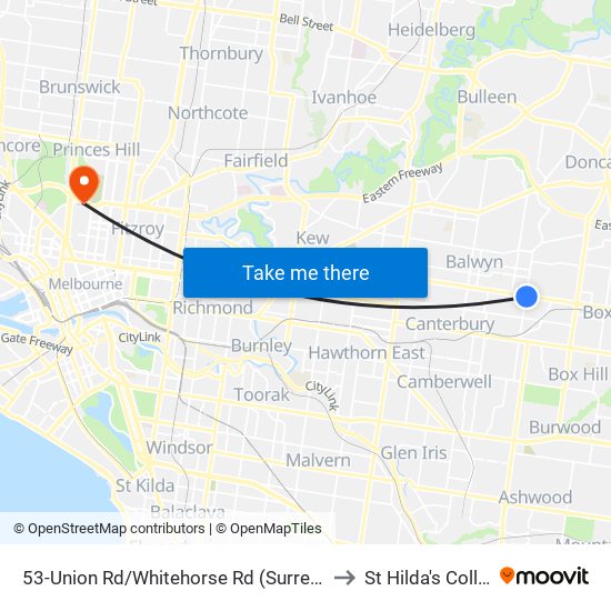 53-Union Rd/Whitehorse Rd (Surrey Hills) to St Hilda's College map