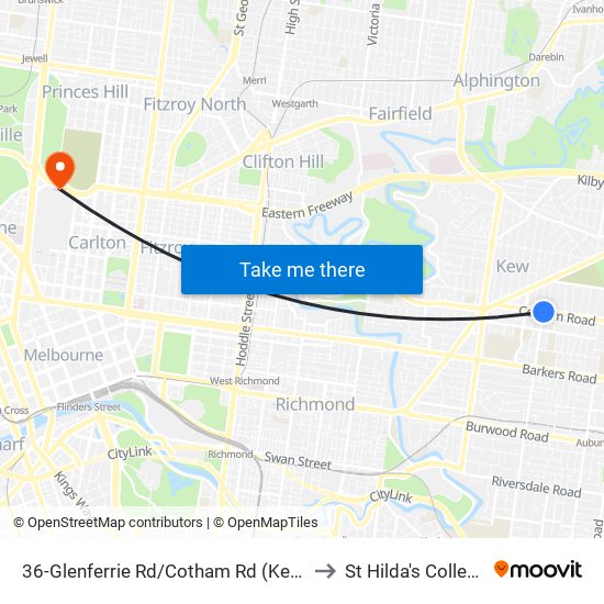 36-Glenferrie Rd/Cotham Rd (Kew) to St Hilda's College map