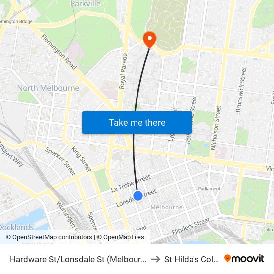 Hardware St/Lonsdale St (Melbourne City) to St Hilda's College map