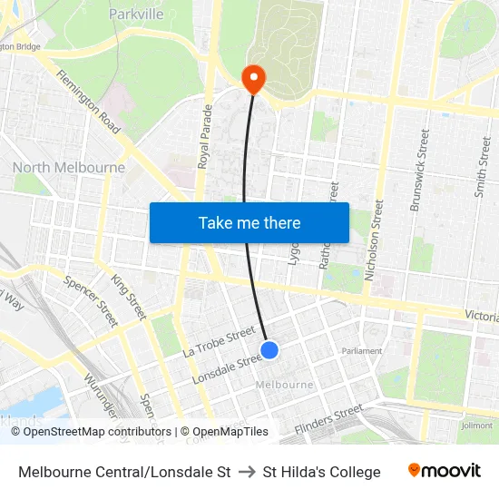 Melbourne Central/Lonsdale St to St Hilda's College map