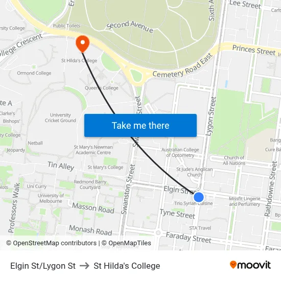Elgin St/Lygon St to St Hilda's College map
