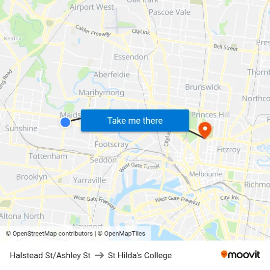 Halstead St/Ashley St to St Hilda's College map