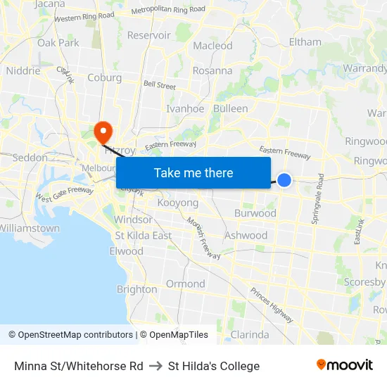 Minna St/Whitehorse Rd to St Hilda's College map