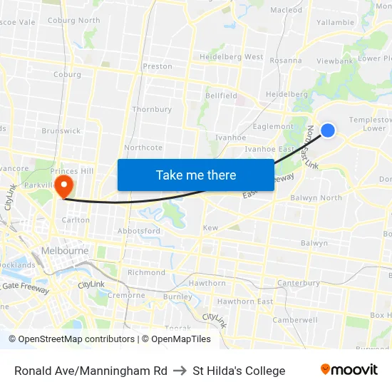 Ronald Ave/Manningham Rd to St Hilda's College map