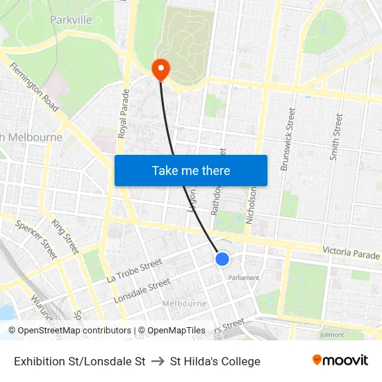 Exhibition St/Lonsdale St to St Hilda's College map