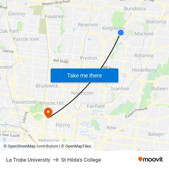 La Trobe University to St Hilda's College map