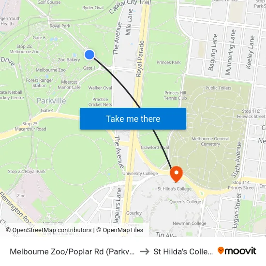 Melbourne Zoo/Poplar Rd to St Hilda's College map