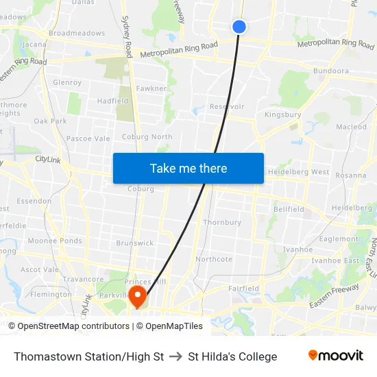 Thomastown Station/High St to St Hilda's College map