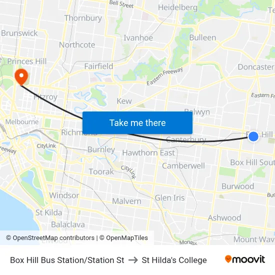 Box Hill Bus Station/Station St to St Hilda's College map