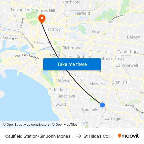 Caulfield Station/Sir John Monash Dr to St Hilda's College map
