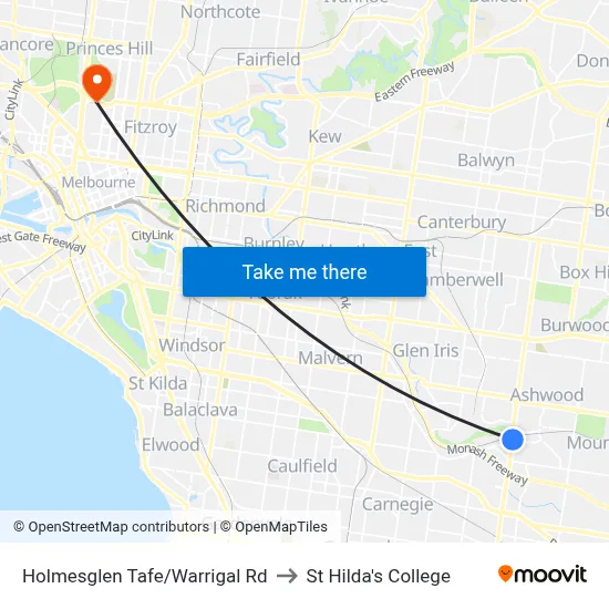 Holmesglen Tafe/Warrigal Rd to St Hilda's College map