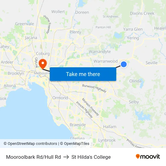 Mooroolbark Rd/Hull Rd to St Hilda's College map