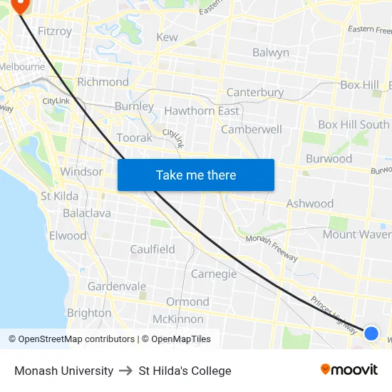 Monash University to St Hilda's College map
