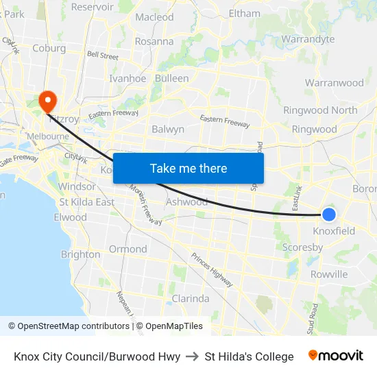 Knox City Council/Burwood Hwy to St Hilda's College map