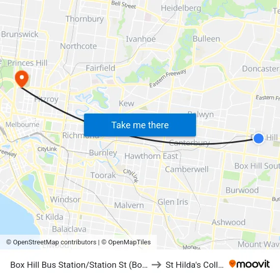 Box Hill Bus Station/Station St to St Hilda's College map