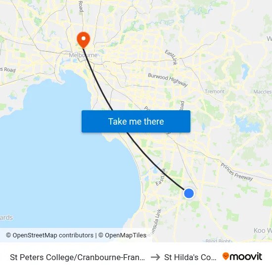 St Peters College/Cranbourne-Frankston Rd to St Hilda's College map