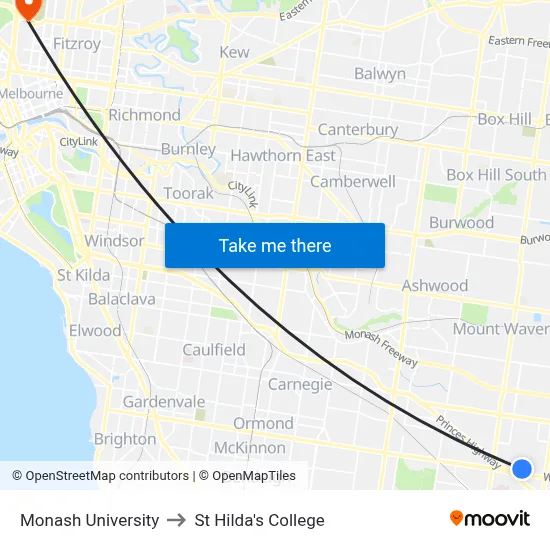 Monash University to St Hilda's College map