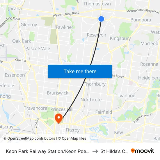 Keon Park Station/Keon Pde to St Hilda's College map