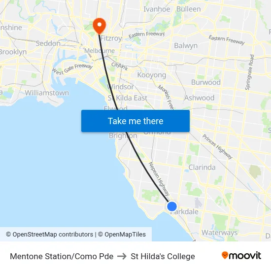 Mentone Station/Como Pde to St Hilda's College map